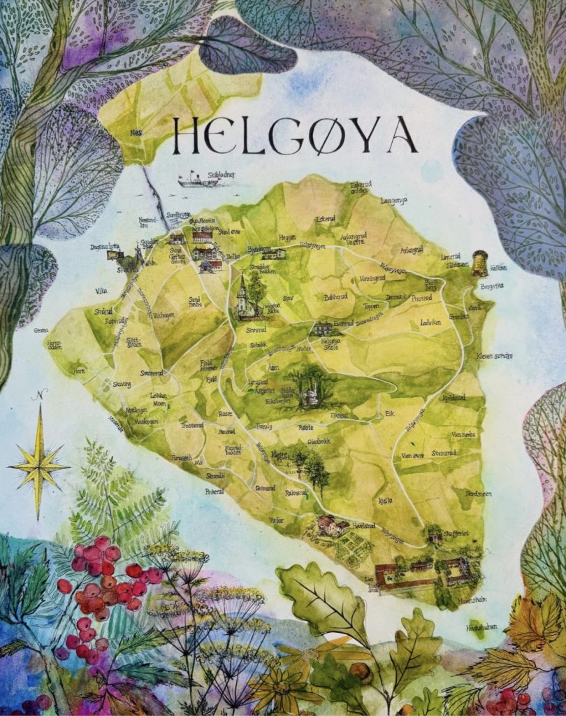 Akvarellkart over Helgøya med spillestedene tegnet inn